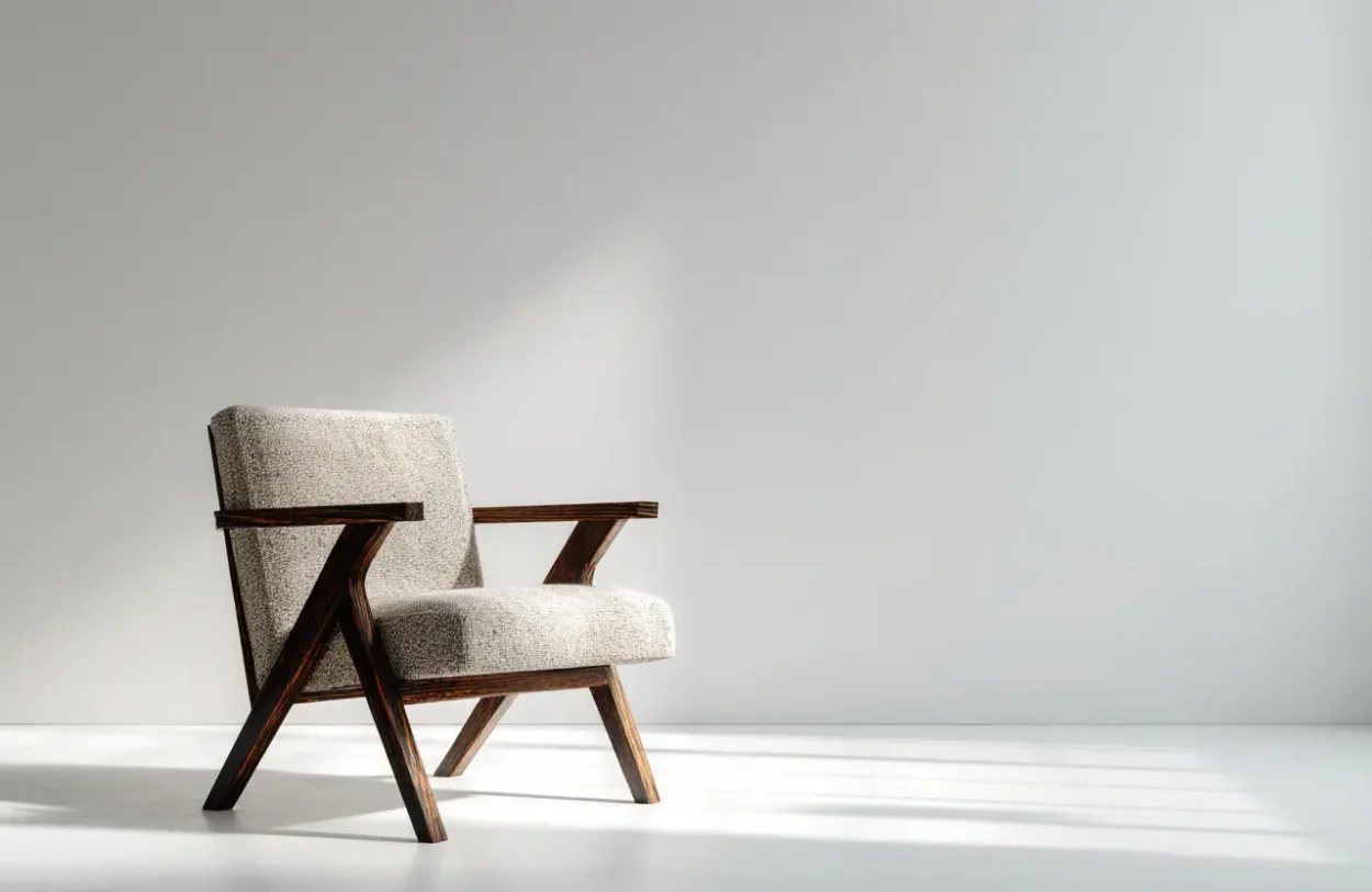 artystyczny fotel z drewnianym stelażem i wełnianym materiałem