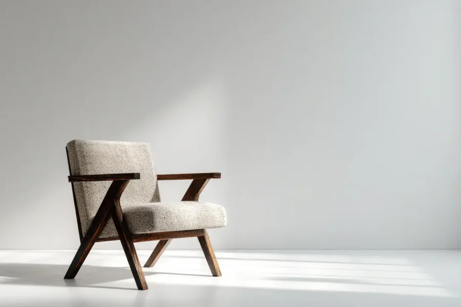 artystyczny fotel z drewnianym stelażem i wełnianym materiałem